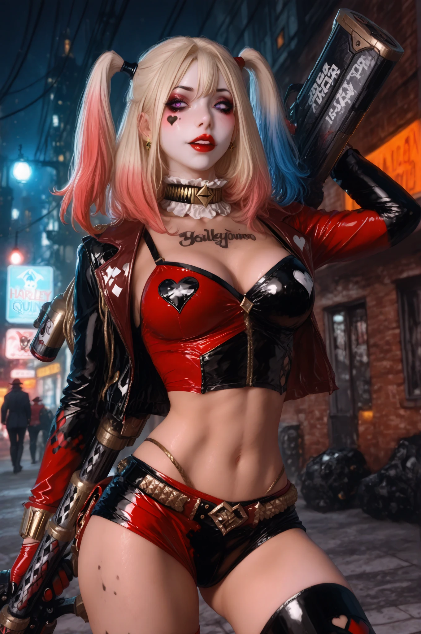masterpiece, best quality, 1girl, solo, highres, <lora:CARTOON_harley_quinn_rebirth_ownwaifu-10:0.8> scenery,
CARTOON_harley_quinn_rebirth_ownwaifu,www.ownwaifu.com,two-tone hair,multicolored hair,blonde hair,breasts,makeup,twintails,blue eyes,lipstick,gloves,shorts,cleavage,navel,midriff,gradient hair,short shorts,choker,hair,eyeshadow,colored skin,pale skin,multicolored clothes,jacket,belt,crop top,open jacket,star (symbol),open clothes,lips,
