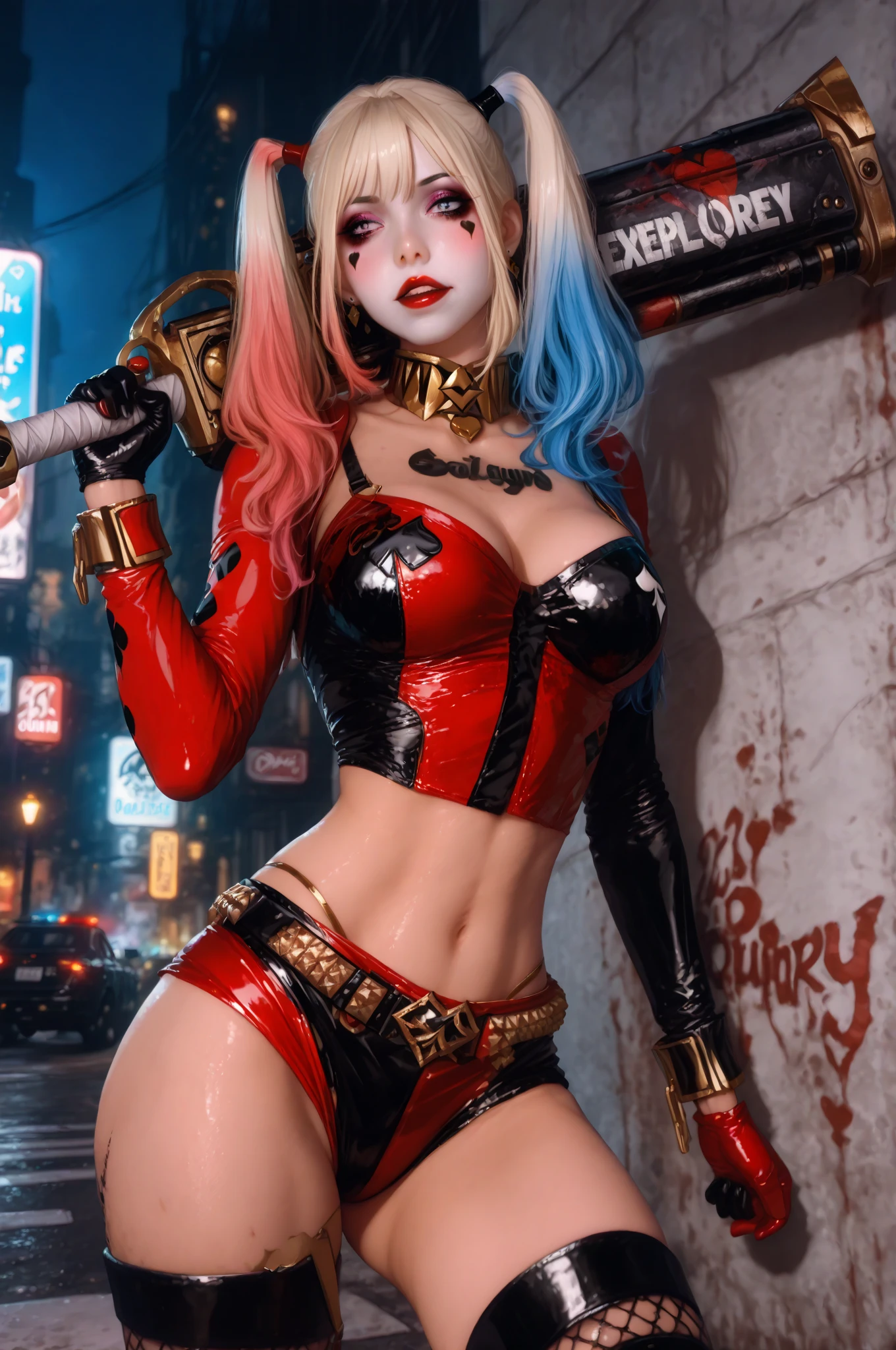 Harley Quinn, offener Mund, sexy Pose, Perfect body, offene Leder Jacke, 8k, perfekt, POV, Meisterwerk, Betrachter anschauen, harte brustwarzen, sexy Ausstrahlung, good quality, eregter blick, harte nippel, perfekte Augen, perfektes Gesicht, will sex haben, will ficken, ist sehr eregt, Arkham knight,Harley quinn Hose, orgasmus, ernster Blick, feuchte Haut, schwitzen, wet body, Arm hinter Kopf, transparente Kleidung, large nipples, Hands behind head, crazy look, 