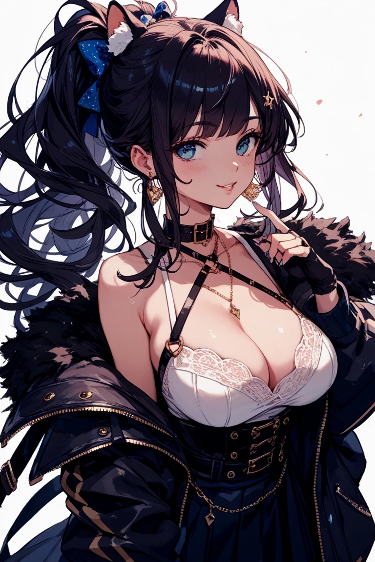 best quality,4k,8k,highres,masterpiece:1.2),ultra-detailed, extremely detailed eyes, extremely detailed body, (large masterpiece digital art), (detailed manga illustration), (detailed line art), ((perfect anatomy)), (intricate details:1.3), (ultra-detailed:1.3), (illustration:1.3), (sharp focus:1.3), (natural lighting:1.05), (vivid colors:1.3), (masterpiece), expressive eyes, perfect face, 1 girl, breasts, cleavage, gloves, large breasts, casual clothes, white shirt, tee shirt, denim jacket, jacket, {blue hair}, medium hair, wavy hair, (gray eyes), black denim shorts, shorts, dynamic pose, Huge ass, curvy, fur trim, hair bun, black ankle boots, cinematic lighting, heroic atmosphere, Beautiful woman, Atey Ghailan, Jeremy Mann, Greg Manchess, Antonio Moro, trend in ArtStation, trend in CGSociety, Intricate, High Detail, Sharp focus, dramatic and photorealistic painting art by Midjourney and Greg Rutkowski, Marvel Cinematic Universe style, (((mystical gothic castle in the background))),