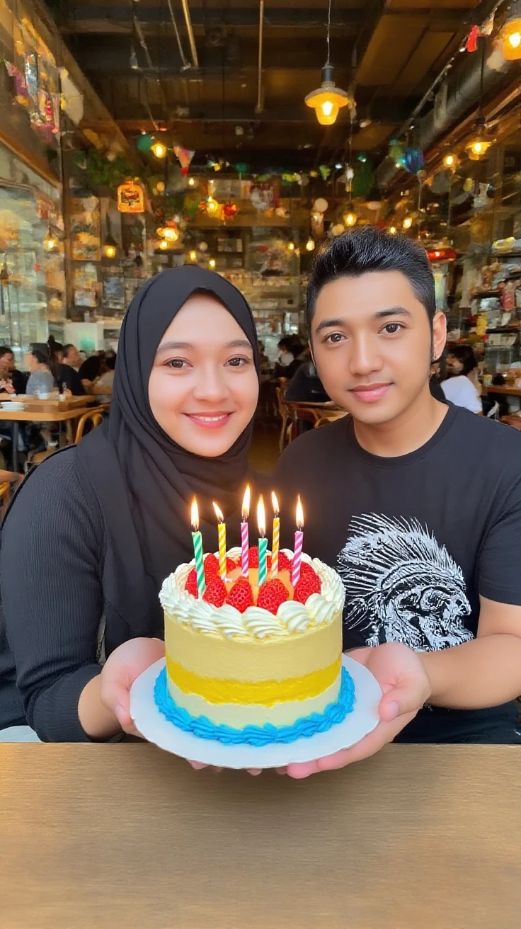 a beautiful Indonesian woman,wear a hijab and wear long, patterned clothing,soft white color, he is holding a 30th birthday cake with the name Handayani and candles burning,Beside him was a handsome man wearing a suit(husband)hugging happily,faint smiling face, is celebrating his birthday party. interior background of luxury apartment decorated with birthday theme, lots of balloons, there is writing on the back (happy birthday). the picture is very clear,Real, realistic 32k