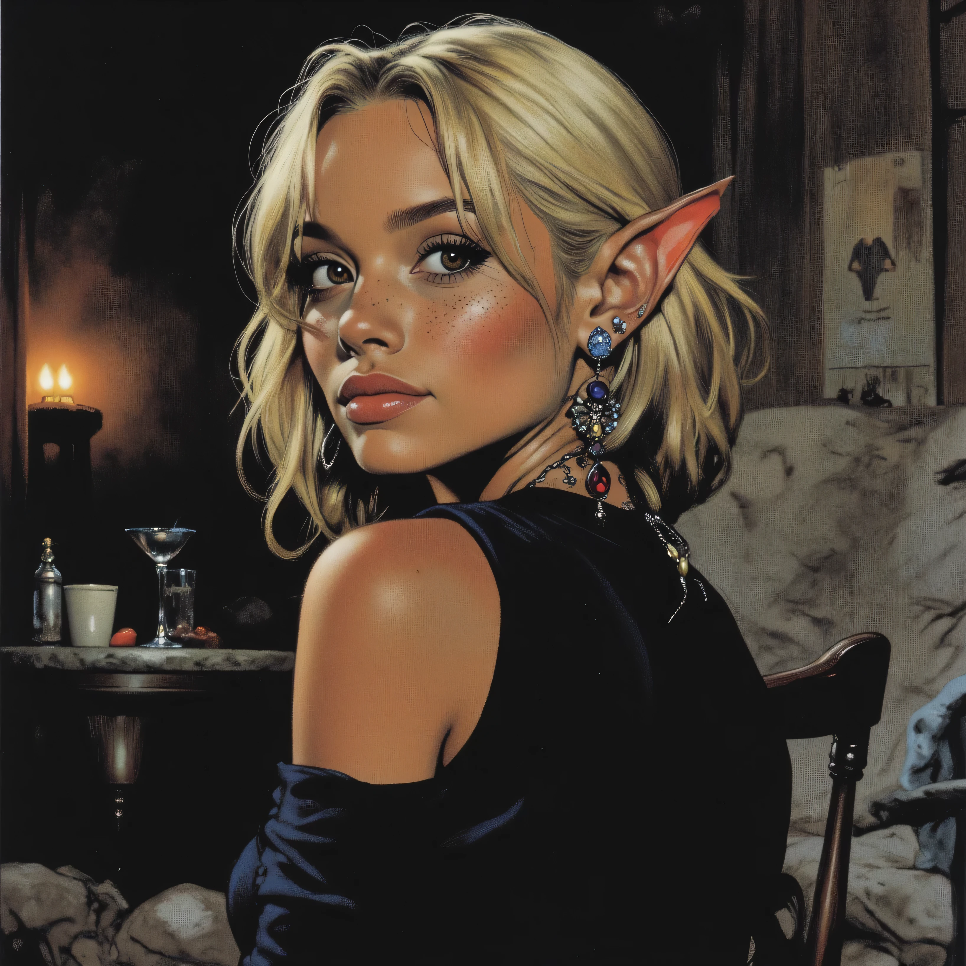 High-quality, detailed oil painting, analog vintage photography style (detailed image). A young and beautiful elven woman looking calm and confident at the camera. Her face is beautiful and full of freckles. Her elven ears are pointy and feature earrings with exotic gems. Her medium-short hair is blond and straight, styled with a casual and rebellious look. She is wearing a tight, long-sleeved black shirt that exposes her shoulders and back. Her nose is rounded and proportionate. She wears a nose ring. The scene is reminiscent of a photograph. The background is out of focus and blurry. 35mm film-style luminosity. Shallow depth of field, close-up focus. Portrait 4:3
