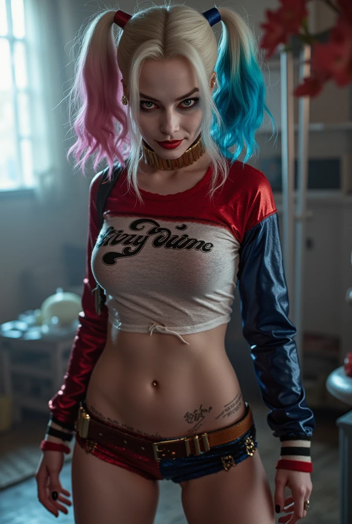 Harley Quinn in Suicide Squad, full body, soft lighting, dynamic angle, realistic lighting, photo by Robert Adams, (natural skin texture, hyperrealism, soft light, sharp: 1.2), (intricate details: 1.12), hdr masterpiece, best quality, (highly detailed photo: 1.1), 8k, photorealistic, (SFW)