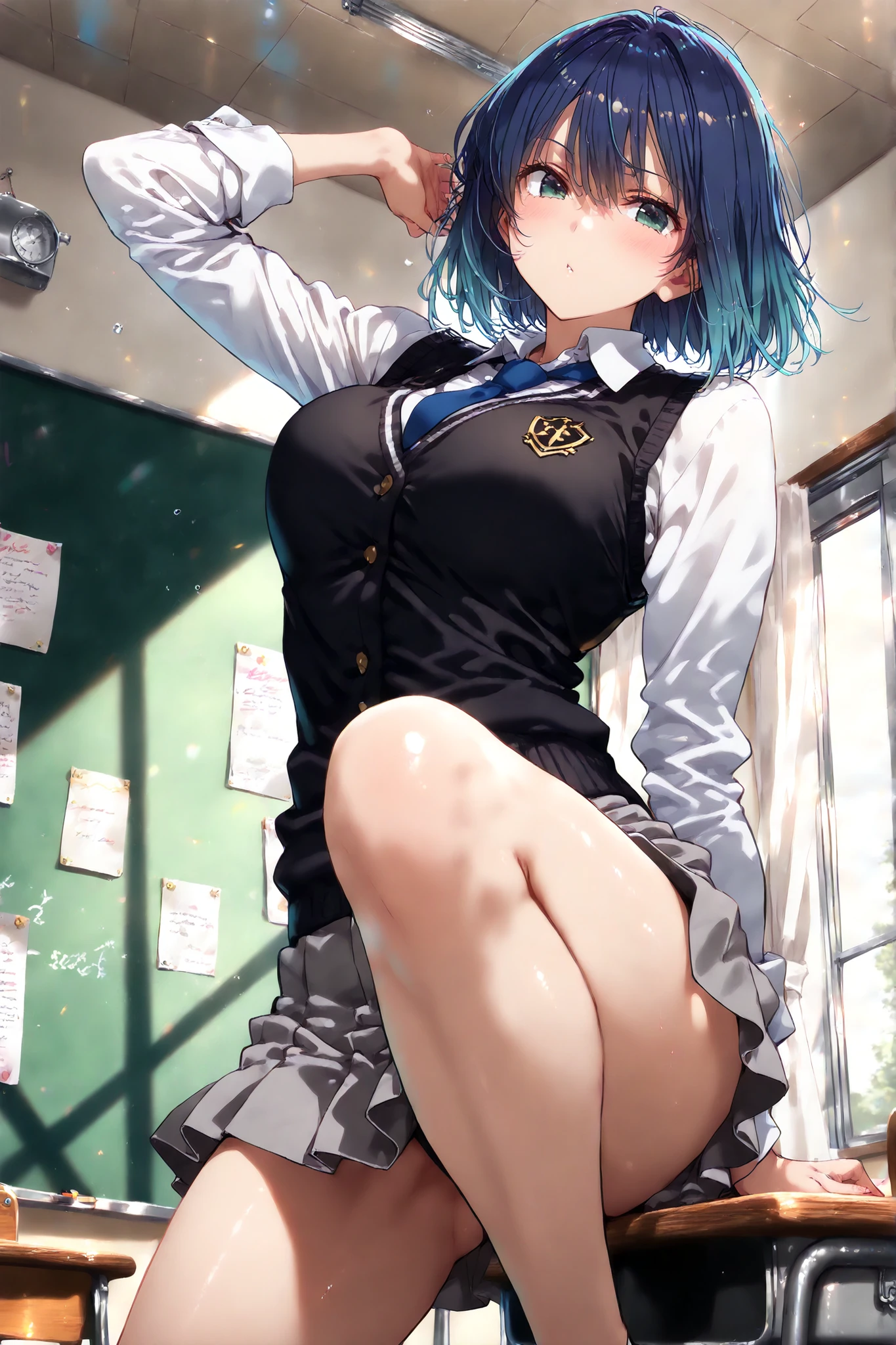 (​masterpiece、Highly detailed 8K CG、Sharp lines)、hi-school girl、blue hairs、cute little、serafuku、White underwear and dark blue skirt、skirt rift、panties on、skinny  body、Thin leg、thighs thighs thighs thighs、Sexy poses showing anime style、Beautiful anime schoolgirl、A seductive anime girl、Smooth Anime CG Art、Beautiful anime schoolgirl、Beautiful anime girl、Long-sleeved sailor suit、Dark blue cardigan、Navy blue pleated mini skirt、autumnal、Colored leaves、Curve、No bra、(Lifting skirt、White lace panties visible:1.2)、thighs thighs thighs thighs、(Navel Ejection:0.4)、Dynamic Pose Beautiful and perfect legs, Clean and perfect hands、Straight short hair、One eye is hidden by bangs、Black pantyhose、Wear black stockings、White panties showing through black stockings、(Clearly visible detailed female pubic shape: 1.4)、very Bigger breasts、Colossal tits、Exposing all your boobs、Delicate body、Height 150cm、Thin leg