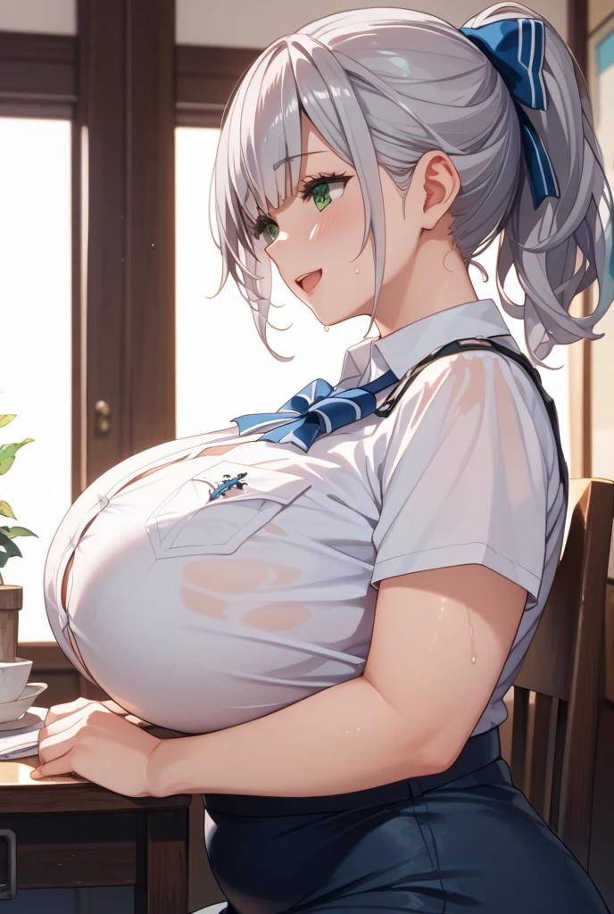 ((masutepiece, top-quality, hight resolution,1girl in,plein air, sitting on, Benches, shiny glossy skin, large boobs,side boobs,Put your on the desk,Hair over one eye)), Coffee on the desk,
 bridfx, brid_nikke, Blue tie, Sleeveless,perfect hand,Upper body, Looking at Viewer