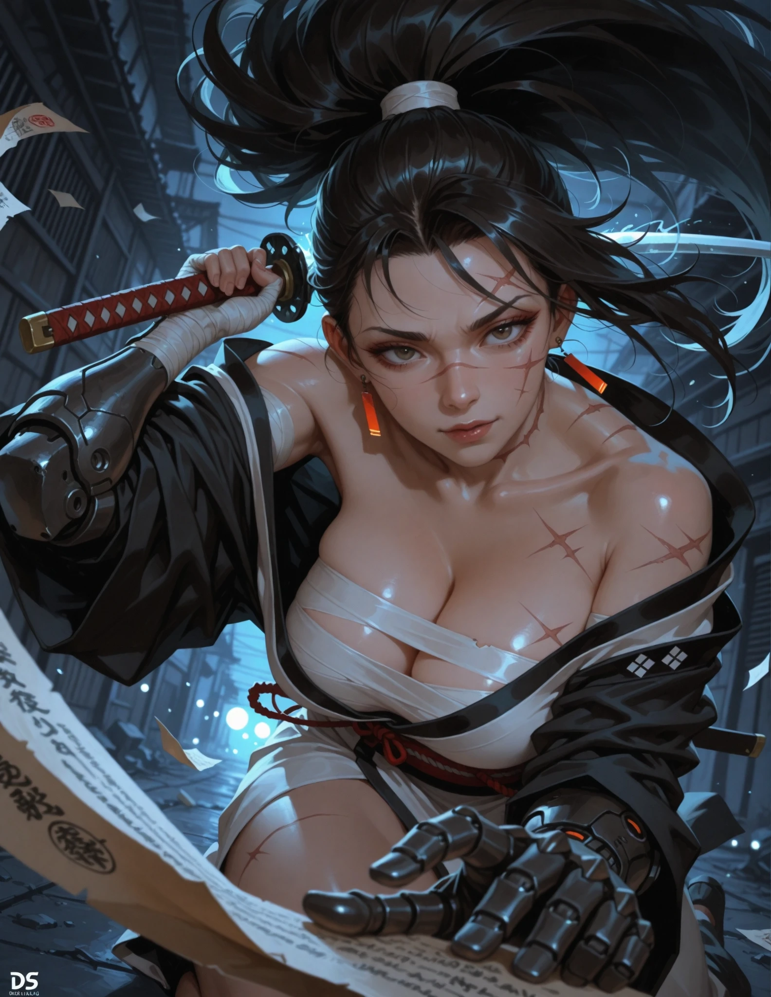 masterpiece, 最high quality, high quality, High resolution, high quality texture, high quality shadow, High Detail, Beautiful details, Detailed, Extremely detailed CG, Detailedテクスチャー, a Realistic representation of the face, Realistic, colorful , delicate, Cinematic Light, Side light, Lens flare, Ray Tracing,tailed beautiful delicate face, detailed beautiful delicate eyes,Beautiful eyes Beautiful hair Shapely lips Beautiful face 赤い髪 Dark skin (samurai:1.5)
