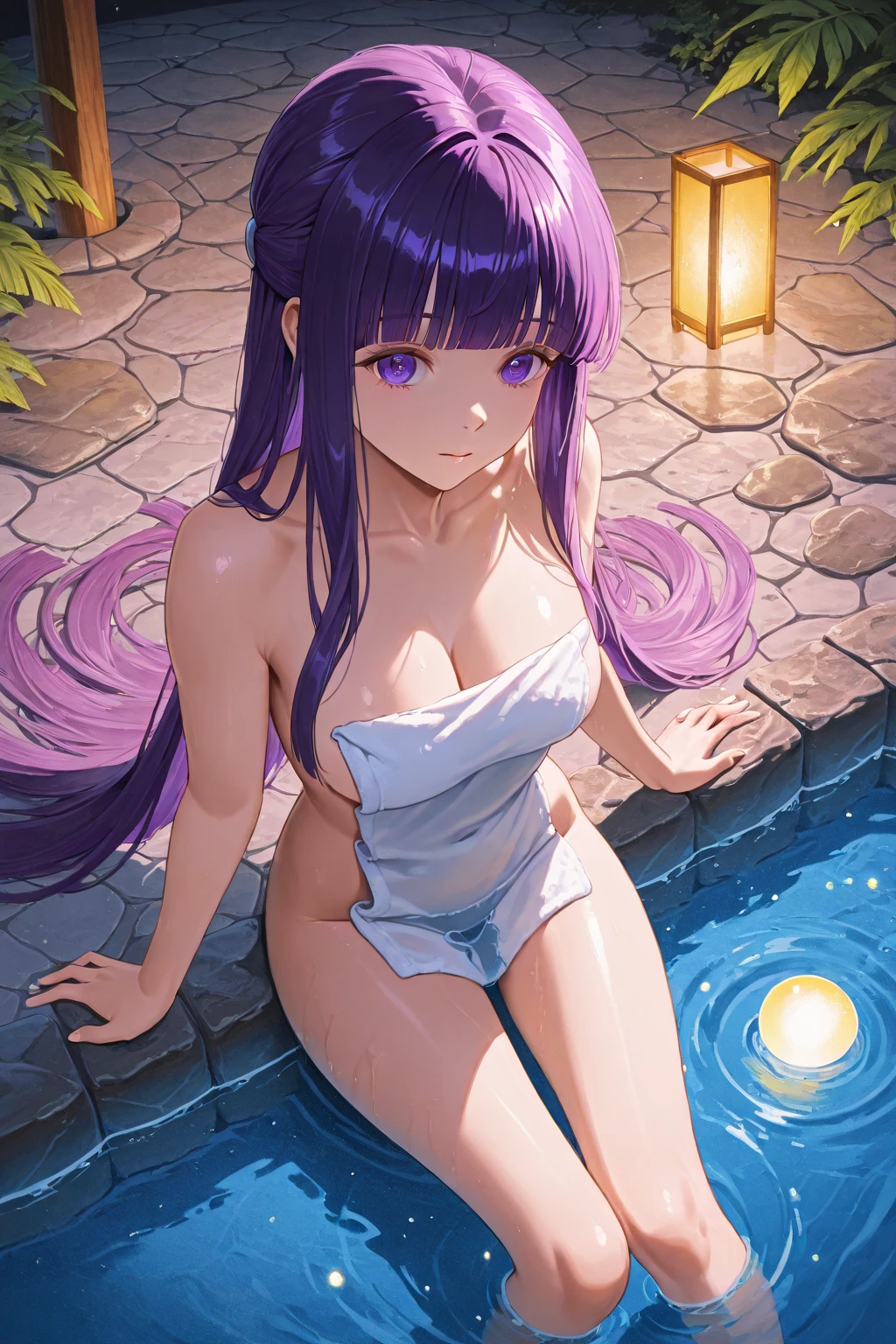 Face close-up、1 girl, Blunt bangs, Wide sleeves, hair ornaments,Swimwear、(Purple Hair:1.2), Very long hair, Straight hair, Looking at the audience, Highly detailed background, (Realistic:1.2), Beautiful Eyes, Red eyeshadow, Written boundary depth，thigh, (Ulzzang-6500:0.7), Upper Body, (alone:1.2), Cleavage, Shiny skin、Hair blowing in the wind、Four fingers, One thumb、Rose、Floral pattern on clothes、drink alcohol、Please put your hands on your hips、Face close-up、close、Stick your butt out、Laugh gently、Swimwear、A kind smile、front、Night Pool、