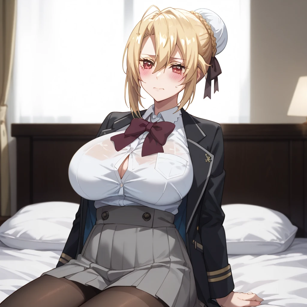nsfw, 1990s anime cels style, best quality, high resolution, (big eyes),1girl, (huge breasts:1.2), katori \(kancolle\), light brown hair, folded ponytail, parted bangs, green eyes, glasses, rimless eyewear, military uniform,white jacket,epaulettes,black necktie,white gloves,grey pencil skirt, (black pantyhose), blcak bra, (blush, embarrassed), smile, looking at viewer, (bra lift:1.2), squinting, chair, sitting