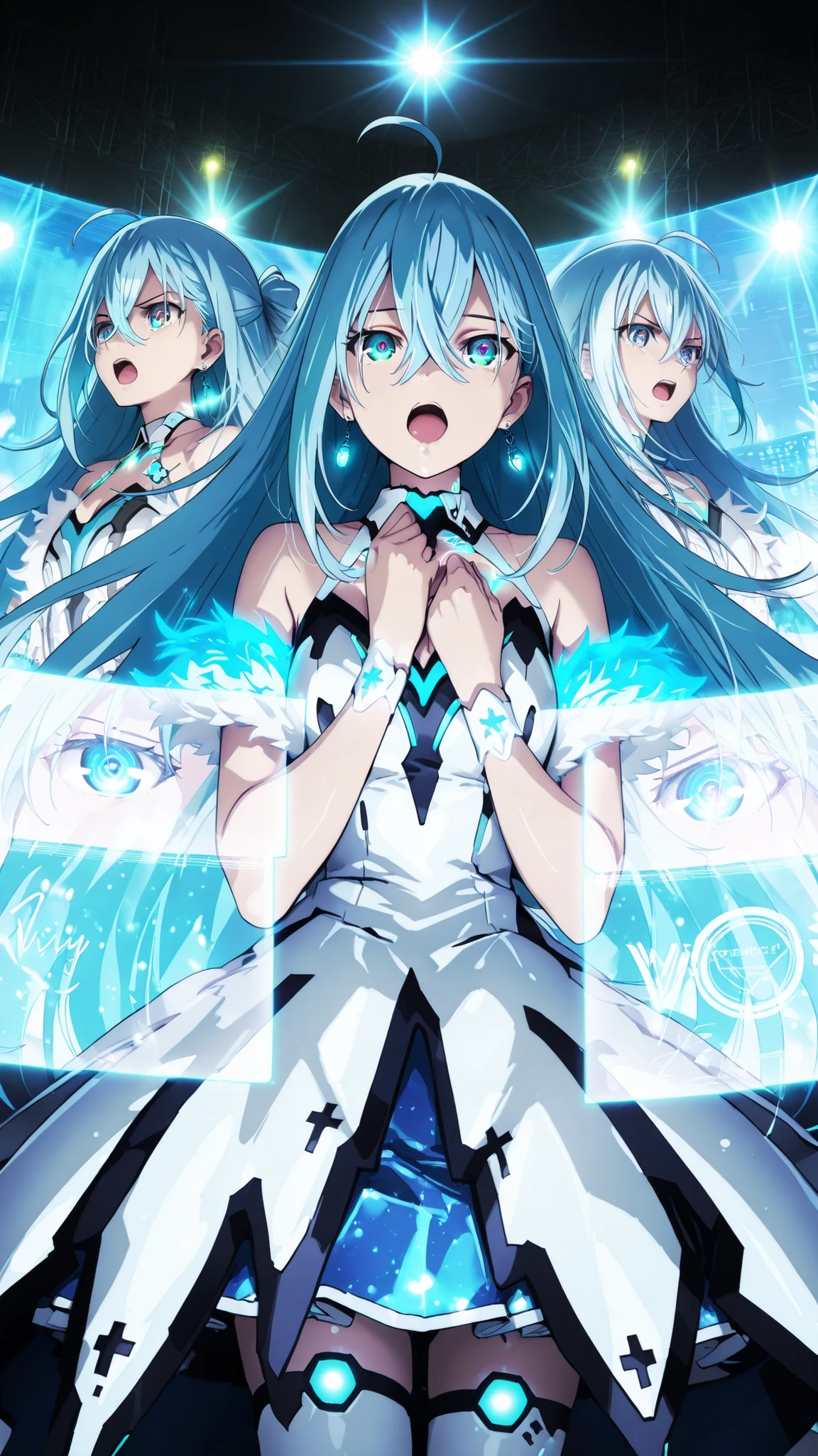 Vivy from "Vivy -Fluorite Eye's Song-", anime style, official character design, long flowing light blue hair, glowing aqua eyes, futuristic white and blue idol costume with subtle armor details, singing on a sleek futuristic stage with holographic screens, dynamic spotlight illuminating her delicate face, emotional but composed expression, detailed shading and highlights, cinematic angle, ultra high quality, best quality, 4k resolution, masterpiece