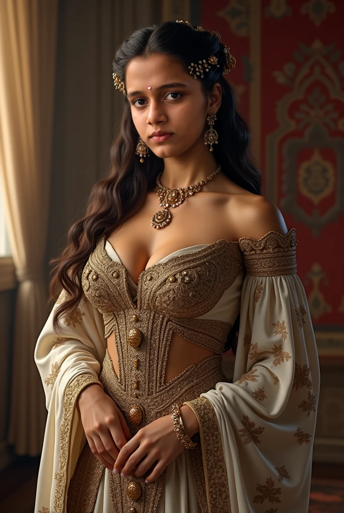 (best quality,4k,8k,highres,masterpiece:1.2),ultra-detailed,(realistic,photorealistic,photo-realistic:1.37), Half body shot:A stunning portrait of Roxelana, the powerful and influential wife of the Ottoman Sultan Suleiman the Magnificent. Roxelana's expressive, mesmerizing eyes captivate the viewers, with intricate details that bring them to life. Her graceful posture exudes confidence and strength. She is adorned with elaborate jewelry - a crown embellished with precious gemstones, and delicate earrings that sparkle in the light. Her lips are delicately painted, adding a touch of allure. The soft glow of natural light caresses her flawless complexion, beautifully highlighting every contour and feature of her face. The background is a rich tapestry, with vibrant hues and intricate patterns that symbolize her royal status. The painting embodies the timeless beauty and power of this historical figure, capturing her essence with utmost precision and artistry. [oil painting], [real gold leaf], [gemstone embellishments], [intricate lace details], [rich velvet fabrics], [exquisite silk brocade], [elegant floral motifs], [regal Byzantine throne], [ornate palace setting], [lush garden backdrop], [golden chandelier], [ethereal atmosphere], [subtle shadows], [masterful brushstrokes], [vivid colors], [baroque style], [dramatic lighting], [mysterious ambiance]. deep cleavage, sexy deep cleavage, medium size beautiful breast,

 ....Tall, Athletic, Triangular Face, Fair Skin, long brown Hair, hazel Eyes, [[Curved Nose]], Thick Lips, Round Chin, Instagram model, cheerful smile, medium breasts, coral stain lipstick,
Masterpiece, hi res, 8k, award winning, RAW photo, high quality, 35mm photograph, film grain, bokeh, professional, 4k, highly detailed, 