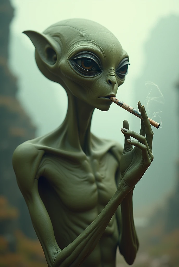 Sad alien smokes, sitting on a ground, An alien ship crashed into the ground, desert, (fire:0.2), (oil painting:0.1),, sketch artstyle, graycale, monochrome,, watercolor sketch in artistic style, large strokes, finalized with ink, fine lines