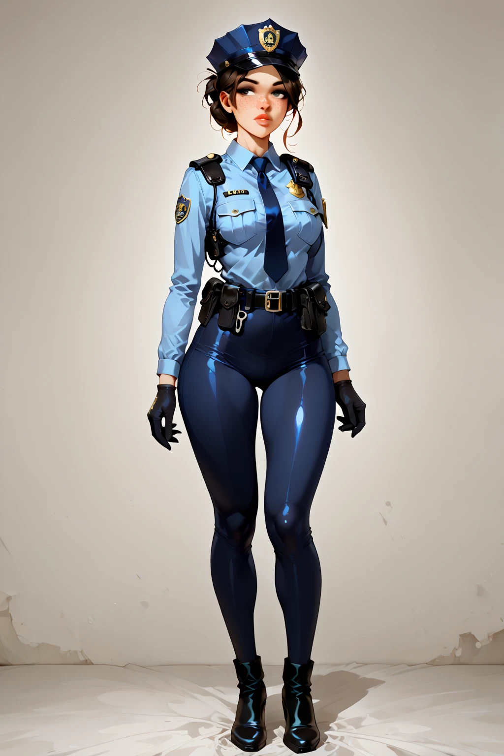 a beautiful young police woman with short blue hair, wearing a police cap, sexy expression, large breasts, detailed face, beautiful eyes, full lips, high heels, tight uniform, photorealistic, 8k, highres, masterpiece, highly detailed, cinematic lighting, realistic skin texture, vibrant colors, dynamic pose