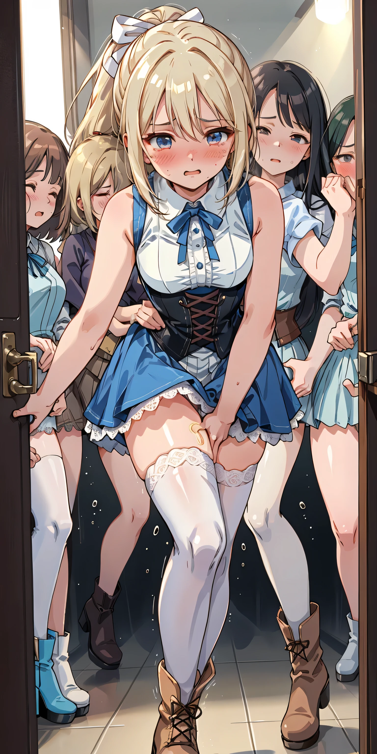 NSFW:1.6,(Magazine Cover、Small breasts、Sex:1.8)、((From below:1.2))、(Squat down and show off your crotch)、(Dynamic pose:1.1), One cute girl, Highest quality、超High resolution、High resolution、Highly detailed CG、8K Unit Wallpaper、17 years old、Beautiful attention to detail、(((kc johnston, Expressionless, Mouth closed, View your viewers, Both sides up, , Off the shoulder, Blue Shirt, Sailor collar, Black Skirt, Knee socks, Garter Straps, One-handed gloves)))、(Wet body:1.4)、(Shiny body,:1.6)、 blush, Sweat,Embarrassed、(Expression of pleasure:1.5)、(Exposed nipples)、red blush、Shy、