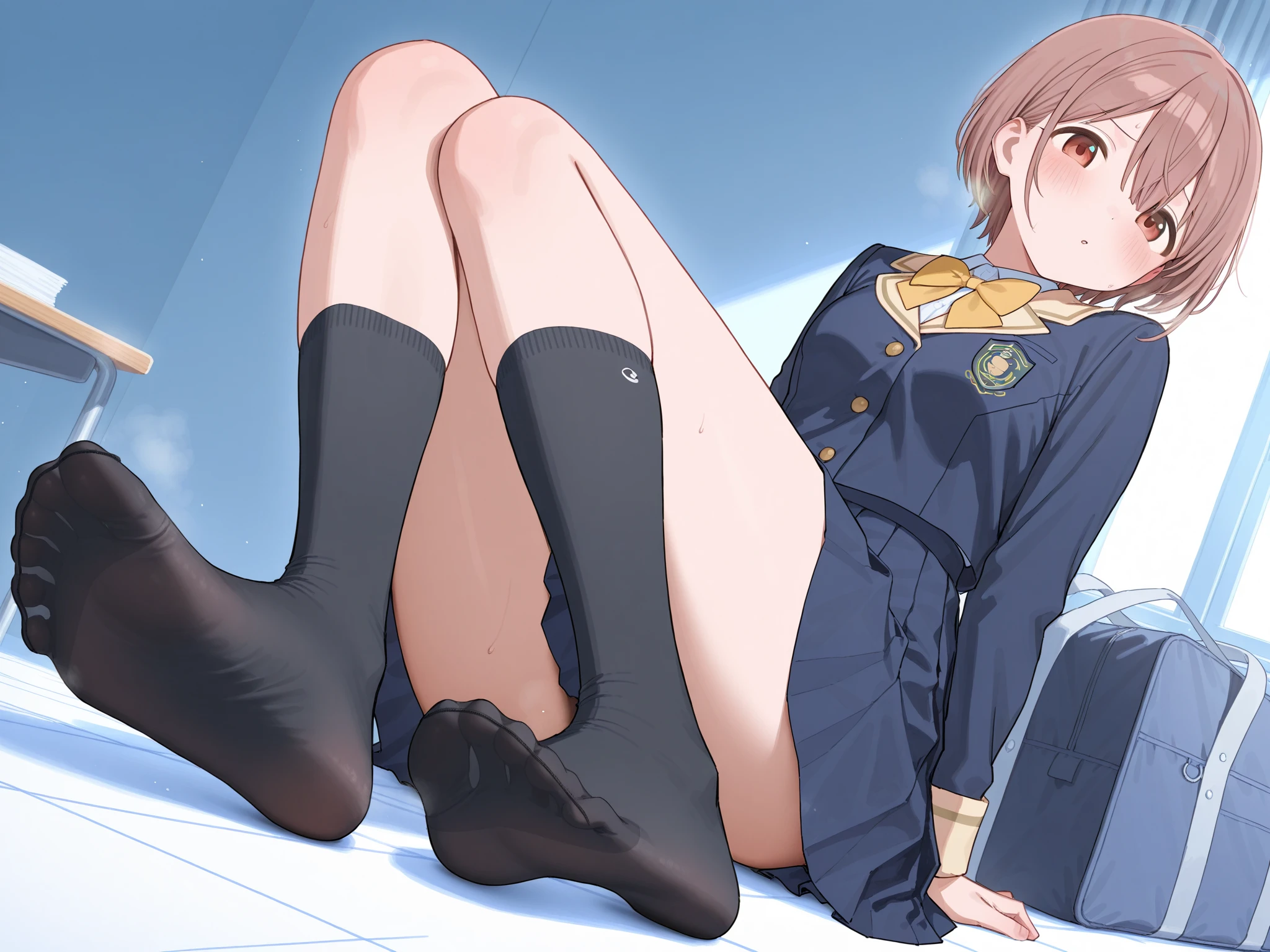 finest, masterpiece, High resolution, (Full body view from head to toe), front, frontやや下からの構図, symmetry, 18 year old tall girl, alone, (whole body from head to toe), (small breasts), Unkempt brown hair, bangs, (black tights), (black pantyhose), (sit with legs spread), (squatting pose), (Composition showing white panties), (her legs spread、I can see white panties.), (I was made to sit on the floor with my legs spread apart.), (M-shaped spread legs), thin legs, A very beautiful and tall 18 year old girl, (not wearing shoes), blush, shy big eyes, looking at camera, blazer uniform, plaid pleated skirt