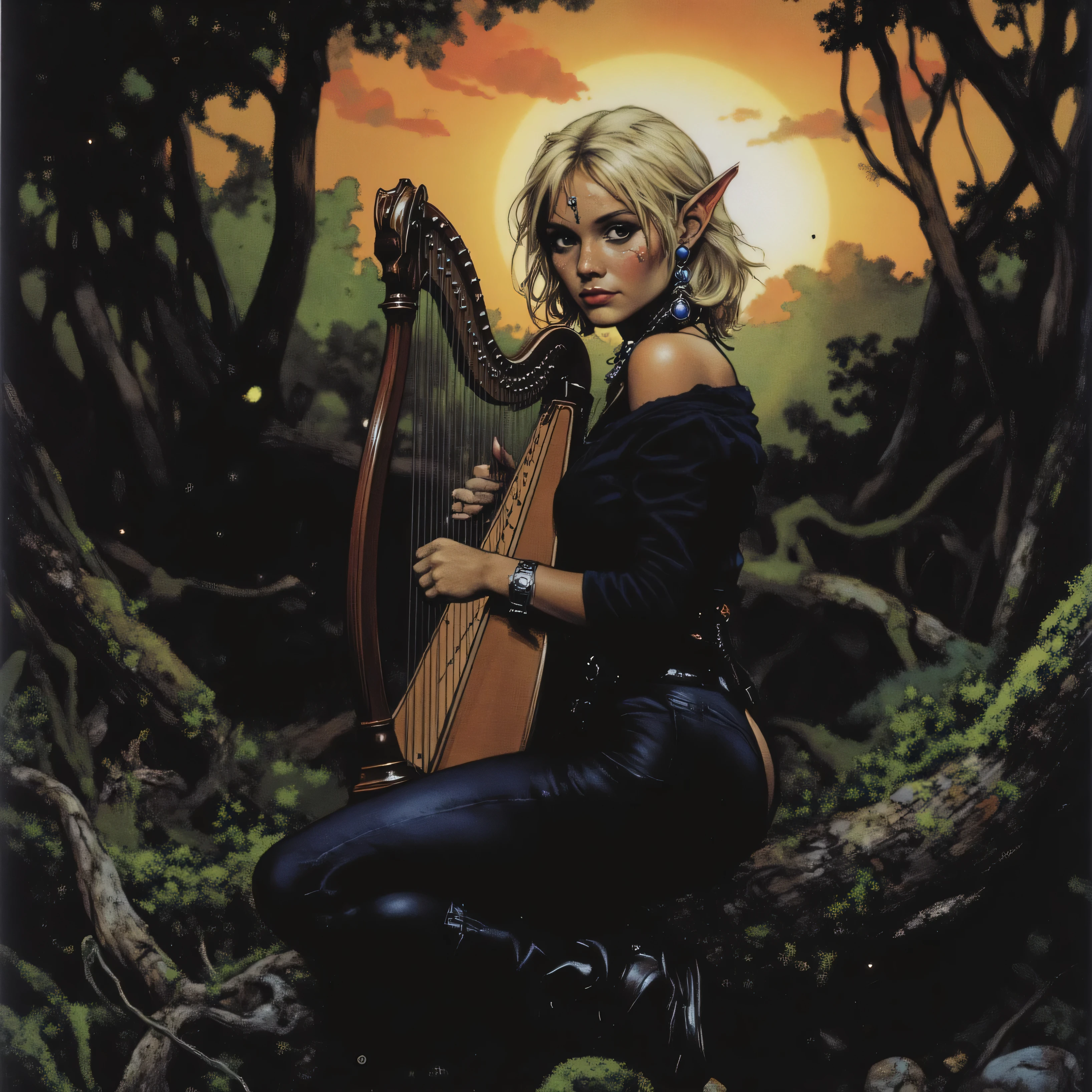High-quality, detailed oil painting, analog vintage photography style (detailed image). A young and beautiful elven woman looks calm and confidently into the camera. Her face is beautiful and full of freckles. Her elven ears are pointy and feature earrings studded with exotic gems. Her medium-short hair is blond and straight, styled with a casual, rebellious look. She is wearing a tight, long-sleeved black shirt that exposes her shoulders and back. Her nose is rounded and shapely. She wears a nose ring. The elf sits playing a harp on a large fallen tree trunk in the forest. The light of the setting sun subtly breaks through the undergrowth and imbues the scene with a warm, fantastic light. Fireflies flutter around the scene. The scene is reminiscent of a photograph. The background is out of focus and blurred. 35mm film-style luminosity. Shallow depth of field, foreground focus. Portrait 4:3