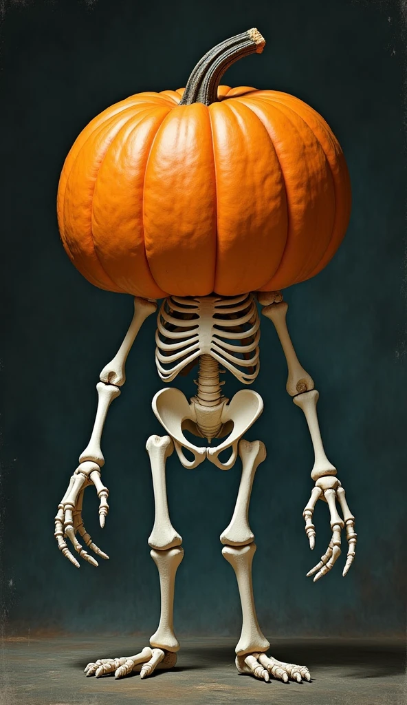 Skeleton with a pumpkin for a head