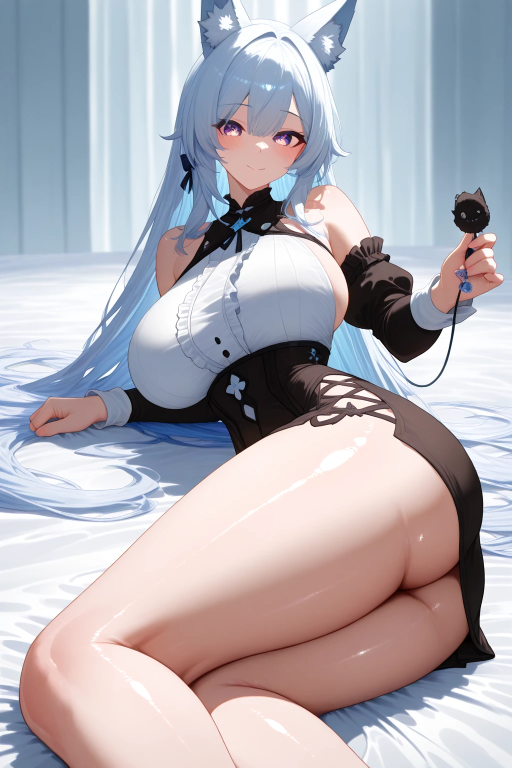 masterpiece, high quality, high detail, 4k, rtx, high resolution,1girl, blue_streaked_hair,hair_over_one_eye, blue_eyes,very long hair,braid,white hair_ornament,white skin,black nail_polish, solo,long sleeves,((black bandeau:1.3)), strapless, microskirt,thighhighs,thighs,: o,cute face,(pov:1.2),(facing viewer:1.2),(gigantic breasts, huge breasts, Big breast,firm breasts, slim waist, curvy figure),(underboob:1.2),(bursting breasts:1.2),happy,stomach, navel,aged_down,(on side:1.2),sitting,arm support, yokozuwari,on bed