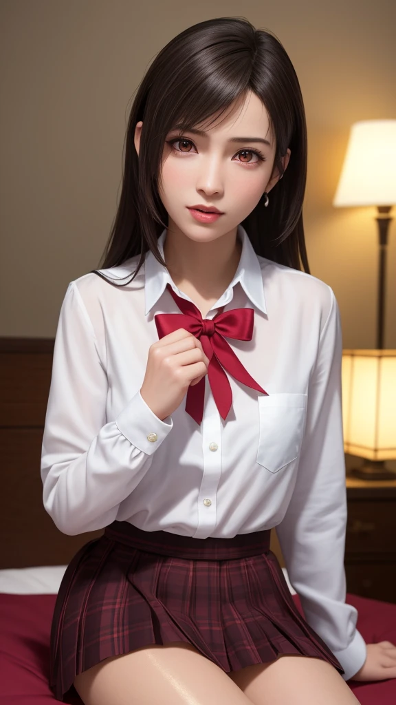 Realistic college girl in skirt and bow tie, (Wearing pantyhose), sitting in the couch、Japanese Models, (thighhighs and skirt), Young Sensual Gravure Idol, A smile、wearing honey - themed miniskirt, (Wearing cute panties)、Young skinny gravure idol, goddess of Japan, Young Pretty Gravure Idol, Realistic Young Gravure Idol,  Raw photo, (8K、top-quality、​masterpiece:1.2)、(intricate detailes:1.4)、(Photorealsitic:1.4)、octane renderings、Complex 3D rendering ultra detail, Studio Soft Light, Rim Lights, vibrant detail, super detailing, realistic skin textures, Detail Face, Beautiful detail eyes, Very detailed CG Unity 16k wallpaper, make - up, (detailedbackground:1.2), Exposed thighs!!!,