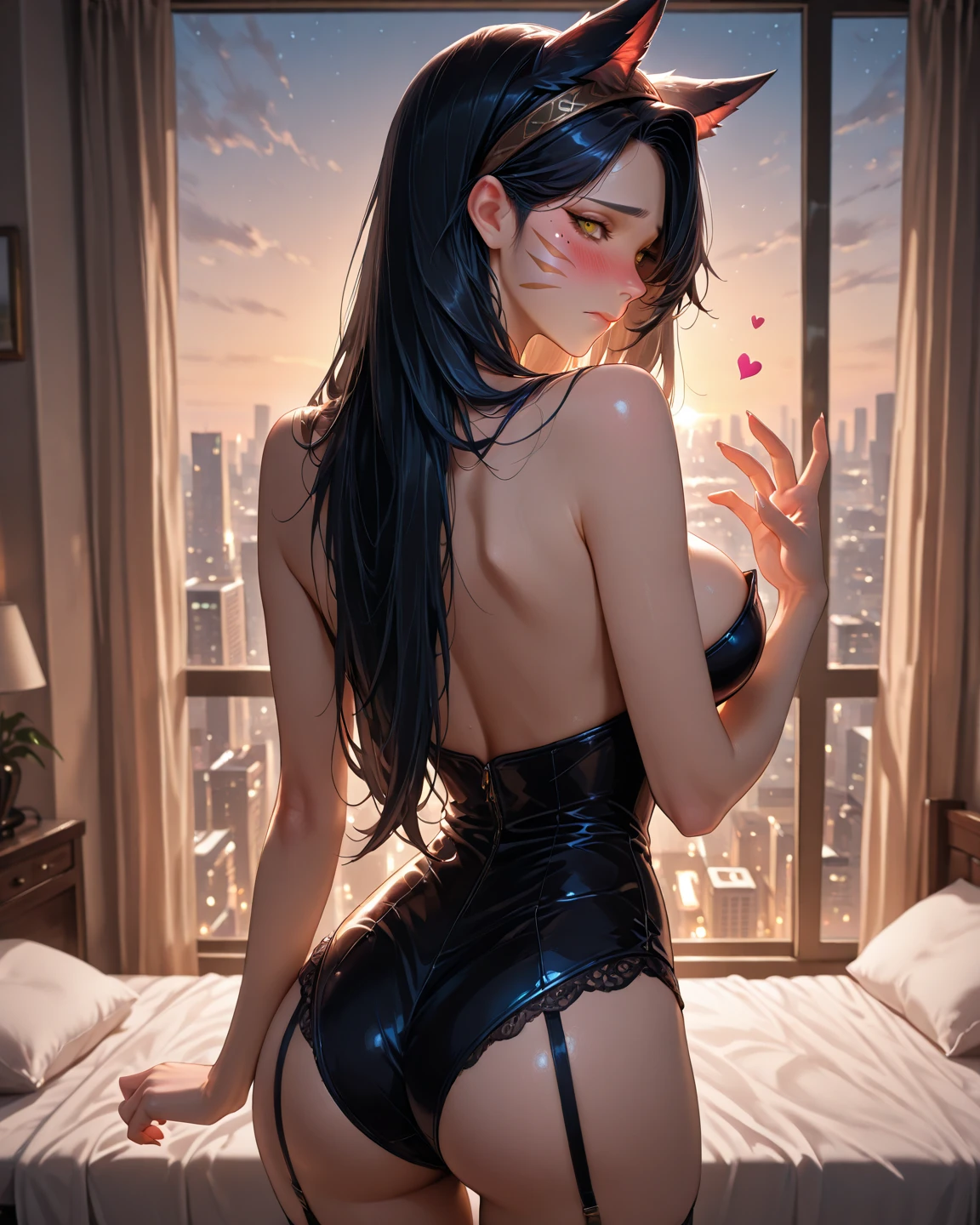 Beautiful woman, dyed hair, sexy leather clothes, long breasts, boho style, realistic detailed, white high heels, in the bedroom, on the bed, from the back, kneeling, standing on all fours, looking into the eyes