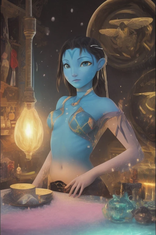 realistic, analog photo, Masterpiece, RAW photo, middle shot, photorealistic, (detailed cute face), genie, (folkloric Arabic creature), (in "Aladdin" style), (cute female, looks like Rachel Cook), short blue hair, blue skin, detailed Arabic village on background, (ghost blue smoke body), smoke particles, halo, (bioluminescent:0.95), vivid colors, vibrant color details, dynamic, Intensed eyes, sexy, pleasure, smoke splash, wishmaster, depth of field, 35mm, film grain, raw photo, isometric, extremely detailed