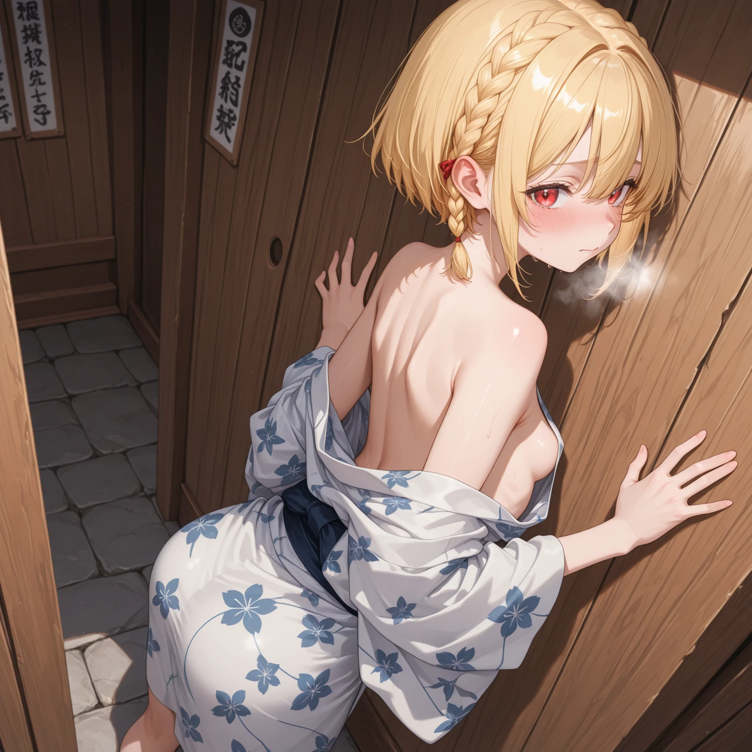 ((1man and 1woman having sex straddling:1.2))Back position closed one eye
（nfsw）high quality、ultra highle、master piece、(slant eyeasturbate）(masuture bation）（blonde blue eyes）(little girl)(petite)(small breast)(small nipples)(14years old)((long medium hair))(yellow hair)(hair between eyes)(messy hair)(hair intakes)(side lock)（small breasts）（B cup）（petite）（low length）pink nipples、close your eyes、crying face、hot spring yukata、touch nipples、Side ribbon、tie both hands
