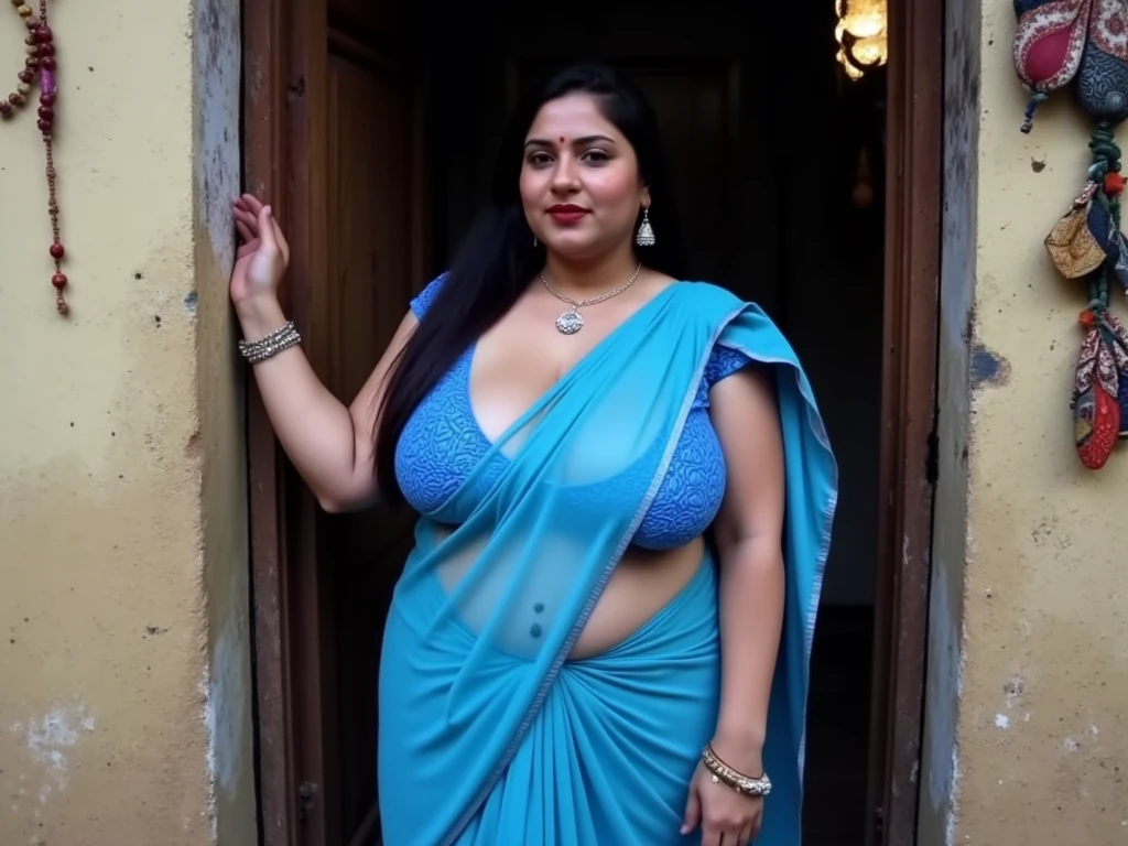 a lady(beautiful breasts(saggy, huge, voluptuous)) wearing saree(deep cleavage, designer), (), () (), () cleaning floor in village outside home. Very realistic skin, natural skin texture. Very beautiful face. She is giving sexy down blouse pose. Beautiful blouse designs. Face details are realistic, most beautiful, pretty and delicately gorgeous. Her breasts have natural perfect shape. Background around her is visible enough.
