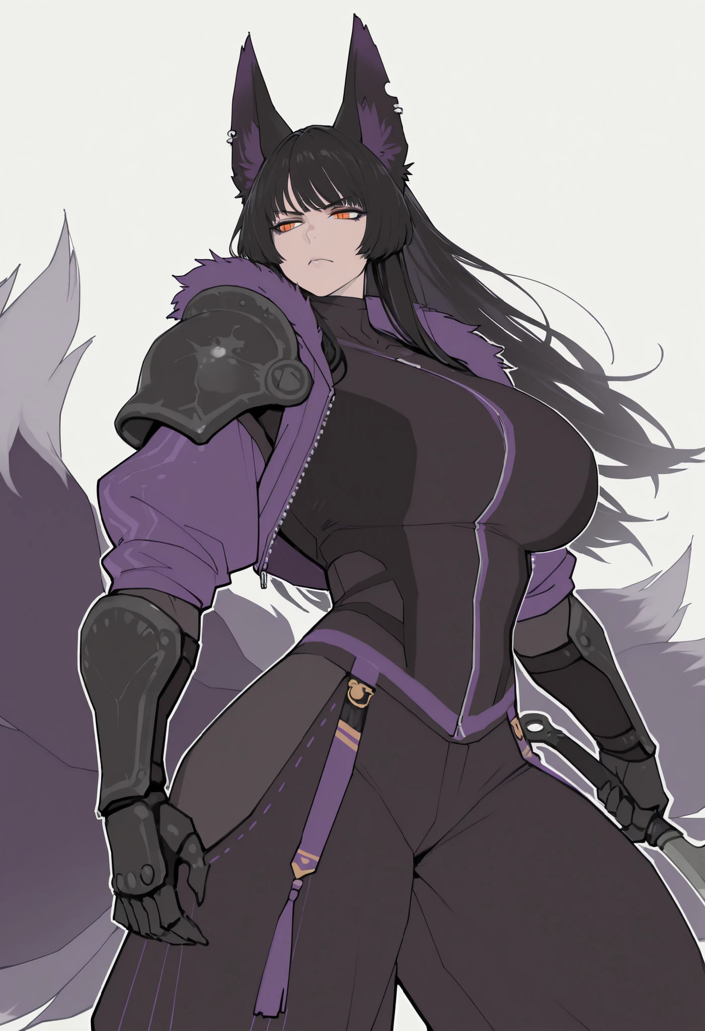 gorgeous kitsune girl, beautiful face, kitsune, hair of ash-purple color, beautiful woman, orange eyes, slit pupils, personalami style, vvolputrous body, toned woman, curvy and athletic, fox ears, long hair, huge breasts, dark adventurer jacket, buggy pants, open hips, single dark steel pauldron vambrace and gauntlet, black hands, fox tails, attractive proportions, defined muscular arms and legs, giantess, athletic body, fox ears, tall woman, serious, calm dominant expression, half-closed eyes, dynamic seated pose with a confident and assertive posture, long blade behind, masterpiece, ultra definition, simple white background, solo.