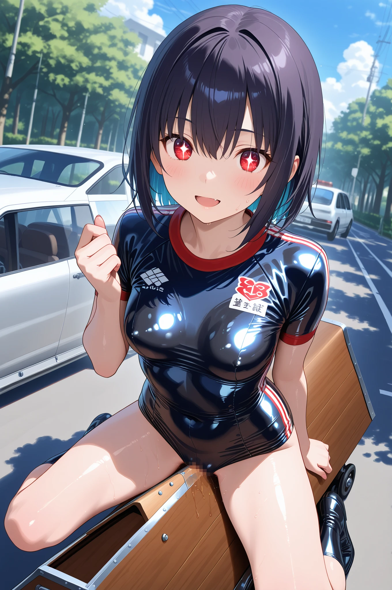 mastute piece,Best Quality,insanely detailed,8k cg,nsfw,
(shoot upper body:1.3),
(1girls:1.3),standing,looking at viewr,body in front,both arms behind back,(Race Queen Costume),(bare breasts:1.2),
break,
blush,shy,(ecstasy face),(trembling:1.2),break,(light blue hair),
break,
perfect breasts,perfect teats,(open mouth:0.9),(large breasts:1.3),
(circuit、car race)、