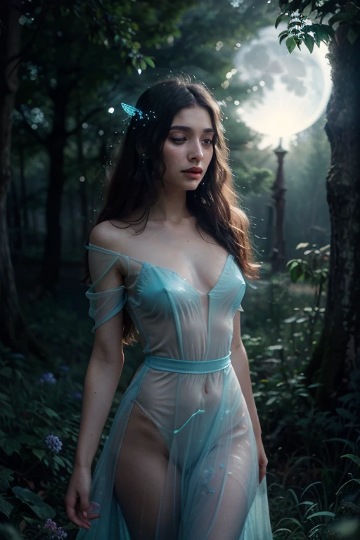 Dark night scene, spooky, mysterious, dark, evil. 
(fluorescent colors:1.4),(translucent:1.4),(retro filters:1.4), (fantasy:1.4), mysterious ethereal woods in the background. Misty, magical. nighttime. Moonlight dograys cutting through the deep dark forest. Moonlight.
(Colours: Pastel pink, turquoise, black, silver), diamonds sparkle, hyper realistic 
Ultra quality cinematic lighting immense detail Full hd painting, diagonal bangs, 
one ultra hot gorgeous romanian girl, age 13, collared dress, on side, masterpiece, best quality, realskin,(portrait:1.5), 1girl, blunt bangs, long hair, silver hair. cut-out sections of dress, revealing body.