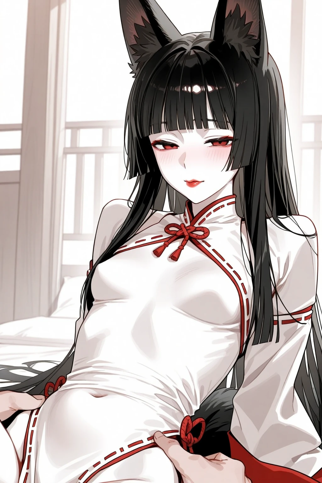 ancient China A young, beautiful princess in a red raincoat with long sleeves and Chinese clothing is soaked with sweat The pubic hair between her legs is visible