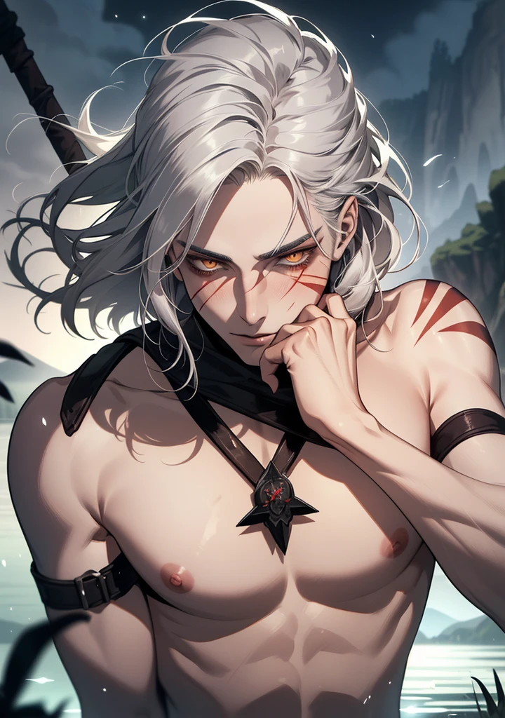 1man, masculine, Masculine face, Attractive, muscular, (((1man))), masutepiece, absurderes, Best Quality ,Intricate details, ((Full body)), (Shiny skin, Shiny body, shiny oily luster skin, Shiny hair, pale skintone), Sundown, Attractive, ((muscular)), Adult, One, earrings, Don't look at the view , Not looking at the view, Silver hair, Braided hair, Perfect detailed face, perfect detailed hand, Purple eyes, elf-ears, Smirk, Vampire ornaments, Open chest, Vampire Castle, Masculine features, (((Night))), Moonlight, darkness, Dark light