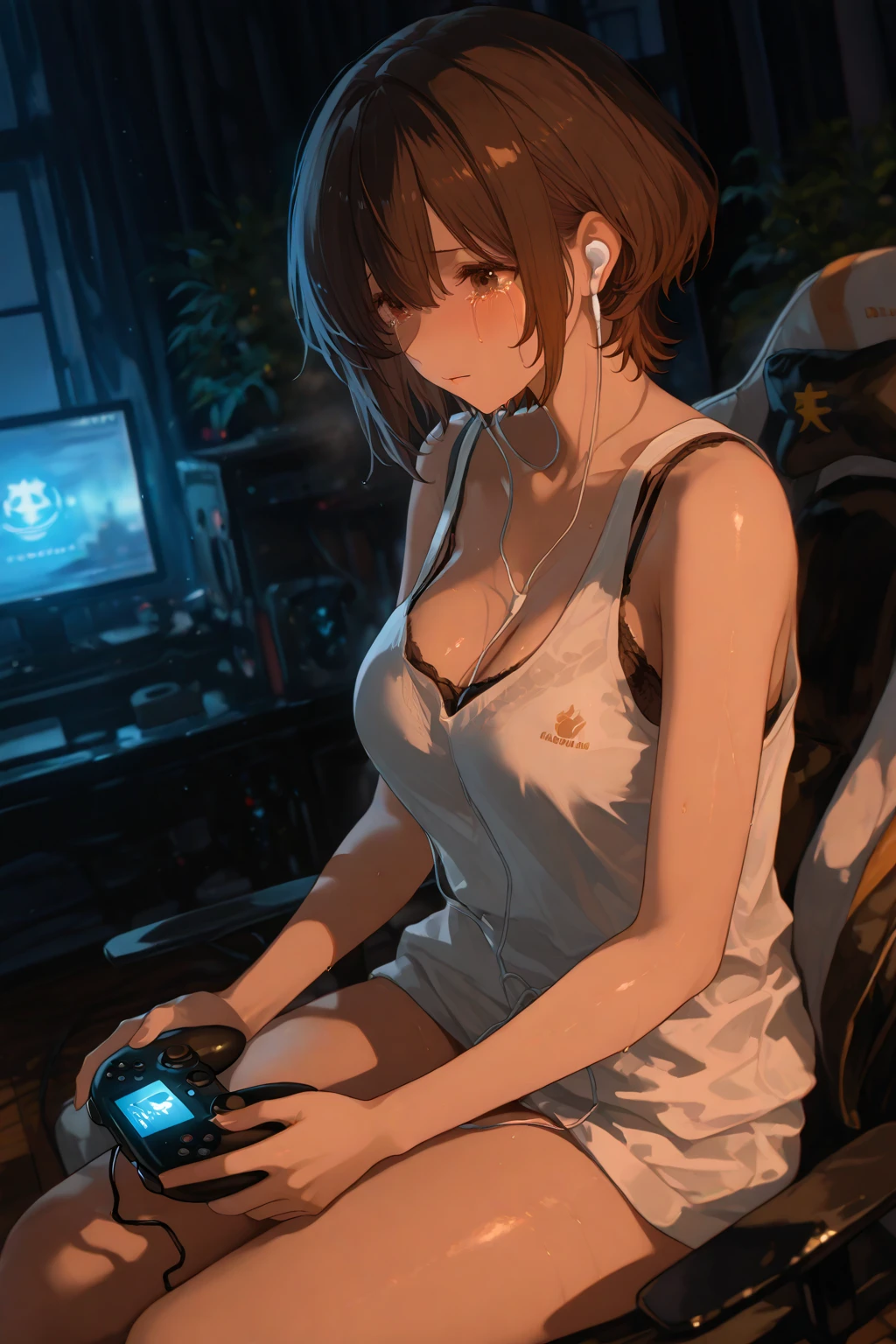 (masterpiece), (highest quality), (illustration), (super detailed), (high resolution), absurdity,1boy,solo,headphones,gaming chair,computer keyboard,desk,game controller,holding game controller,indoors,monitor,looking at viewer,sleeveless black shirt,navel,medium hair,orange shorts,mind control,hypnotized,empty eyes,blush,curvy,medium breasts