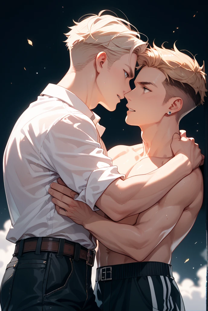 A tall handsome man holding a short cute man, gay, yaoi, Size difference, height difference, romance, kisses, choking, bulge, nipple pop up,,