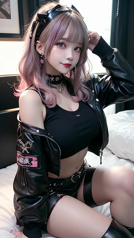 Pink and vibrant colors, (multicolored hairs), There is cleavage in the open shirt, very detailed eyes and face, Beautiful eyes in detail, long eyelashes, narrow eyes, elongated eye shape, Double Eyelids, Cyberpunk 25, perfection, smile, Brooklyn Bridge, Short short skirt, heavy metal inspired, White and gold crop top, heavy makeup, (fashionable mode girl:1.1), (artistic composition photo:1.3), Three adult woman are posing in the classroom, Leather protection on the left arm with intricate graphics, Dark red with white stars and white and navy checkered pattern, intricate design, tattoos, piercings, rainbow colored bangs, (chubby),