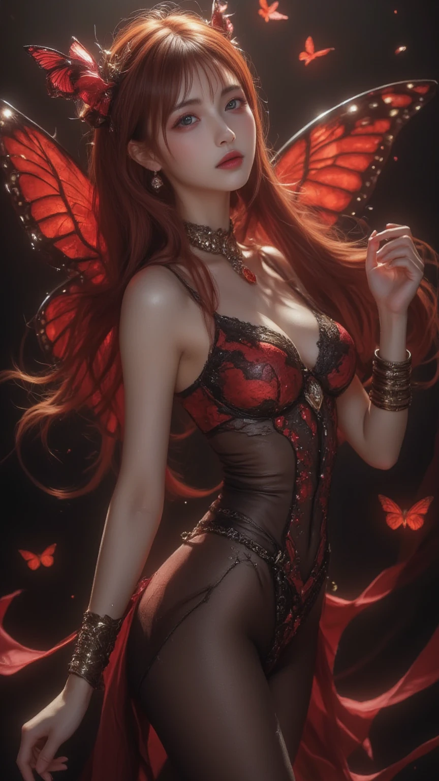 a sexy redheaded girl with a bob haircut, wearing a chinese dress with butterfly wings, posing in a sensual way with a smile, surrounded by butterflies flying around her, highly detailed, intricate, photorealistic, 8k, HDR, studio lighting, ultra-fine painting, sharp focus, physically-based rendering, extreme detail description, professional, vivid colors, bokeh