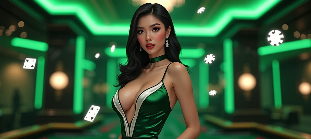woman((30 years old)), eye((smart eye, green)),full nude、wearing panties、nipples are exposed、smile, proudly, random 髪styles, accessories,super mini skirt,transparent lace costume,revealing costumes、orange costume、Casino Background、