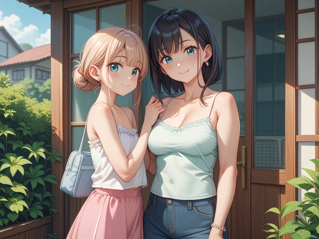 two girls, a blonde girl with green eyes, second redhead girl with blue eyes, with casual clothes