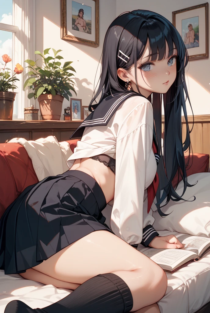 lighting like a movie、Top Quality、Wearing sweat、full of sweat、school library、Thin lines、Black Sailor Suit、A dark-haired、Black-rimmed glasses、Get on all fours with your hips facing each other.、perfect ass、nice hips、shame、surrounded by books、natta、Small white panties、mini-skirt、