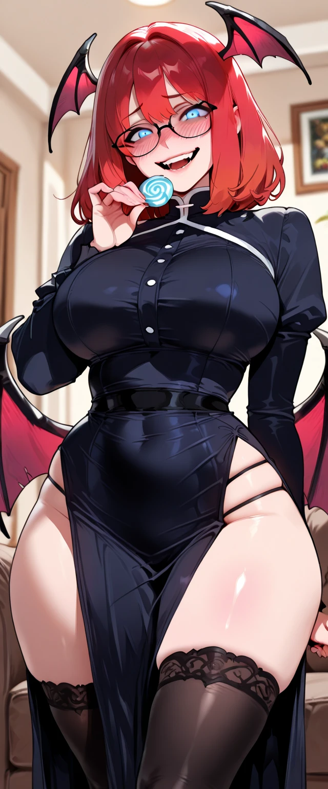 work of art, best qualityer, high resolution, 1girl horns short hair demon tail, white shirt black ascot black gloves black pants black vest lying on your back, sheet, arms up,blushed,face red,body detailed,skin-tight outfit,red bed,ssmile,shining eyes
