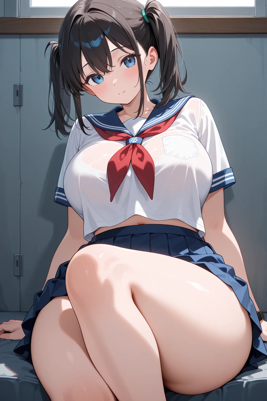 (1 girl)、(8k、masterpiece:1.4、highest quality:1.4、超A high resolution、Ultra-detailed)、(High-resolution RAW color photos、Photorealistic:1.4、Surreal)、(white short sleeve sailor uniformを着た女子高生)、(white short sleeve sailor uniform、The collar color of the sailor suit is dark blue)、(Lie on your back in bed:1.4、Show your hand)、(Shooting from the ceiling、Center image、Full Body Shot、Full body photo)、(Shiny, delicate, Fair skin,、black beautiful eyes、High nose bridge、Realistic human skin)、 (Dark black hair、Black straight hair、Black hair Medium long hair、Shiny dark hair)、Huge boobs、Small waist:1.2、Perfect Proportions、(Not wearing a skirt)、(I can see the whole pussy.、Her bare pussy is in full view、The crotch is clearly visible)、 (Sleeping in a bed in a room:1.4、Being pushed onto the bed:1.4、Legs wide open from side to side:1.4、With legs wide open、Legs wide open)、Exposed thighs、Not wearing panties、完璧でBright lighting、light makeup、Japanese schoolgirl、Beautiful school girl、Mature 、Beautiful older sister high school girl、18-year-old 、Princess、Very embarrassed、highly detailed bedroom、A very bright room in the daytime、Very bright room with ceiling lighting、Thick pubic hair、Bright lighting