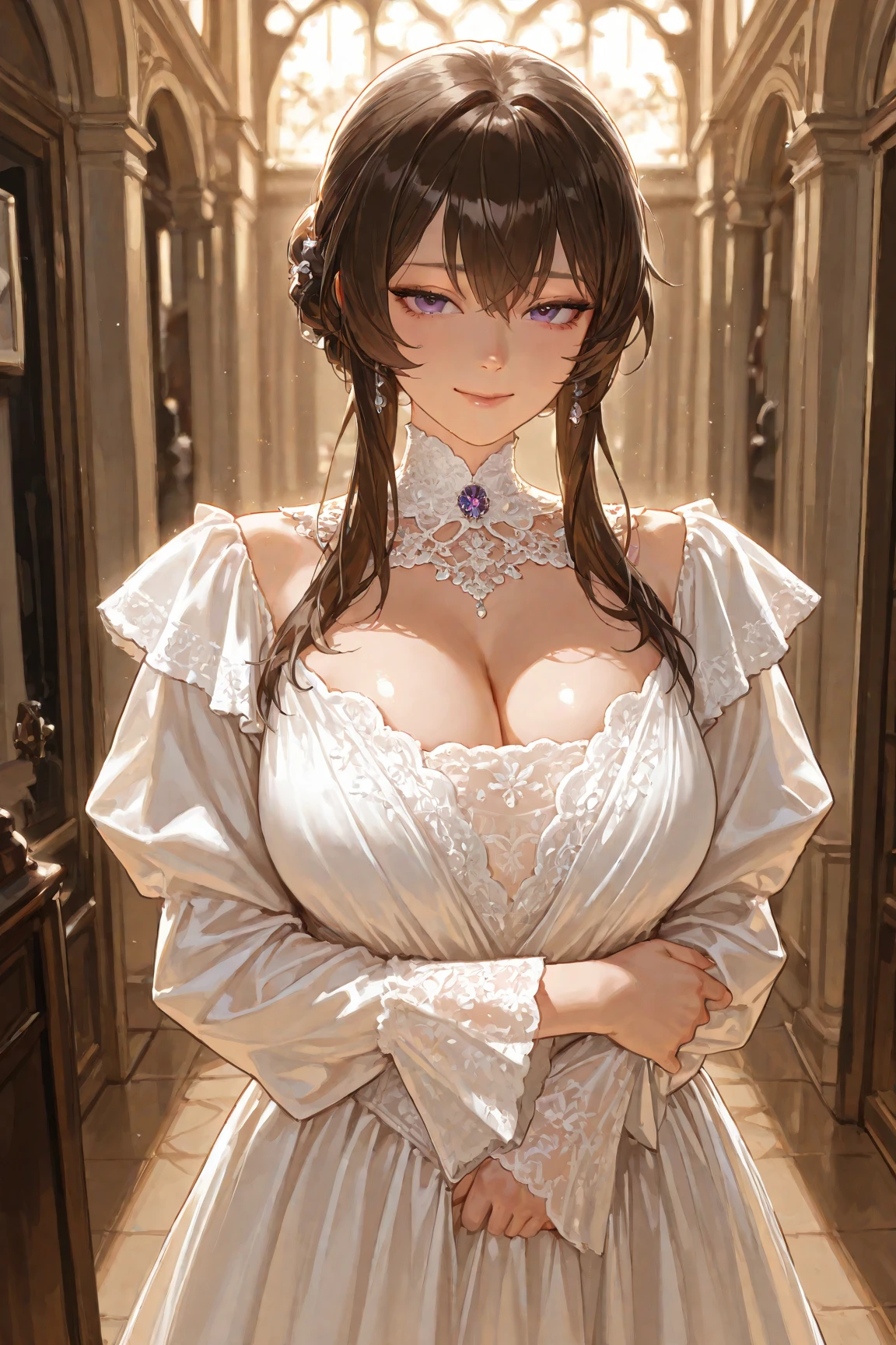A full-fledged, 40s、Adult woman with Victorian appearance, Brown hair tied in a bun, Low-cut busty white dress, (((Huge breasts、Breast sagging、Low-cut,Cleavage,Wide hips,))((Hourglass figure))And chic appearance