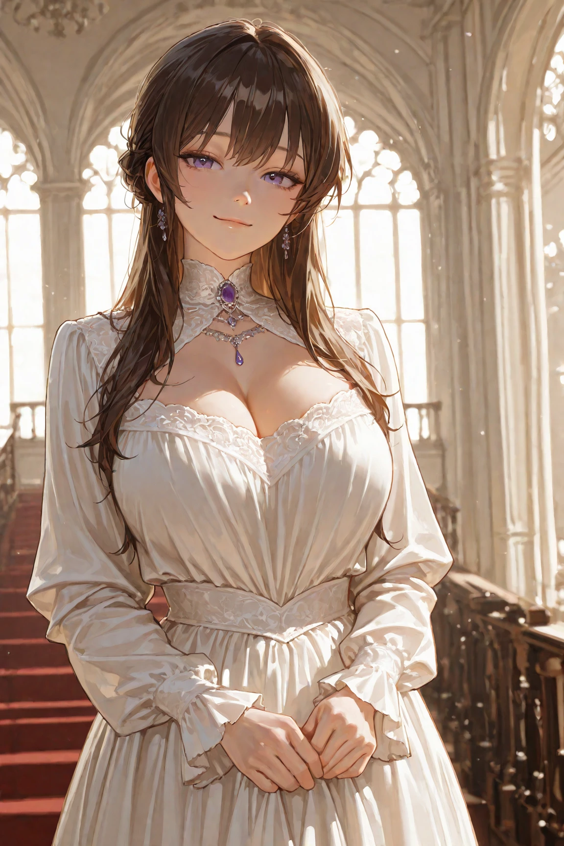 (​masterpiece、top-quality、hight resolution), A wealthy, elegant married woman giving a seductive sidelong glance, but with a subtle expression of guilt. She is dressed in luxurious, high-quality clothing, standing in a beautifully decorated room. Her eyes are inviting yet hesitant, as if she knows she shouldn't be doing this but can't help herself. The lighting is soft and warm, highlighting her conflicted emotions.