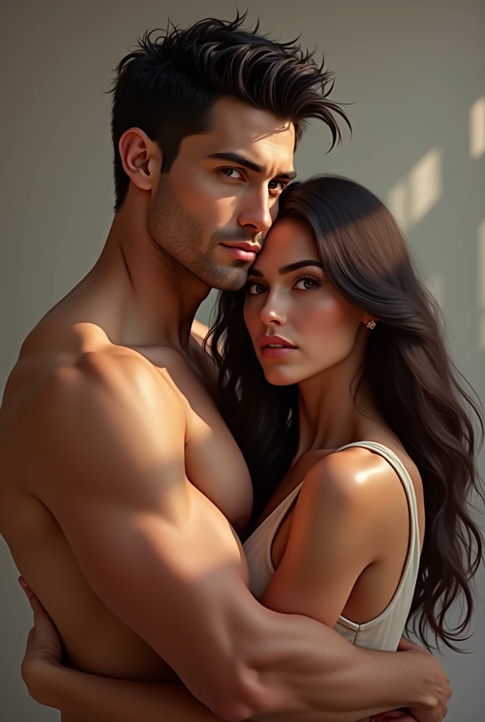 Dark haired man, perfect face, beautiful hair with sexy intimidating bearing, hugging a beautiful brown haired woman