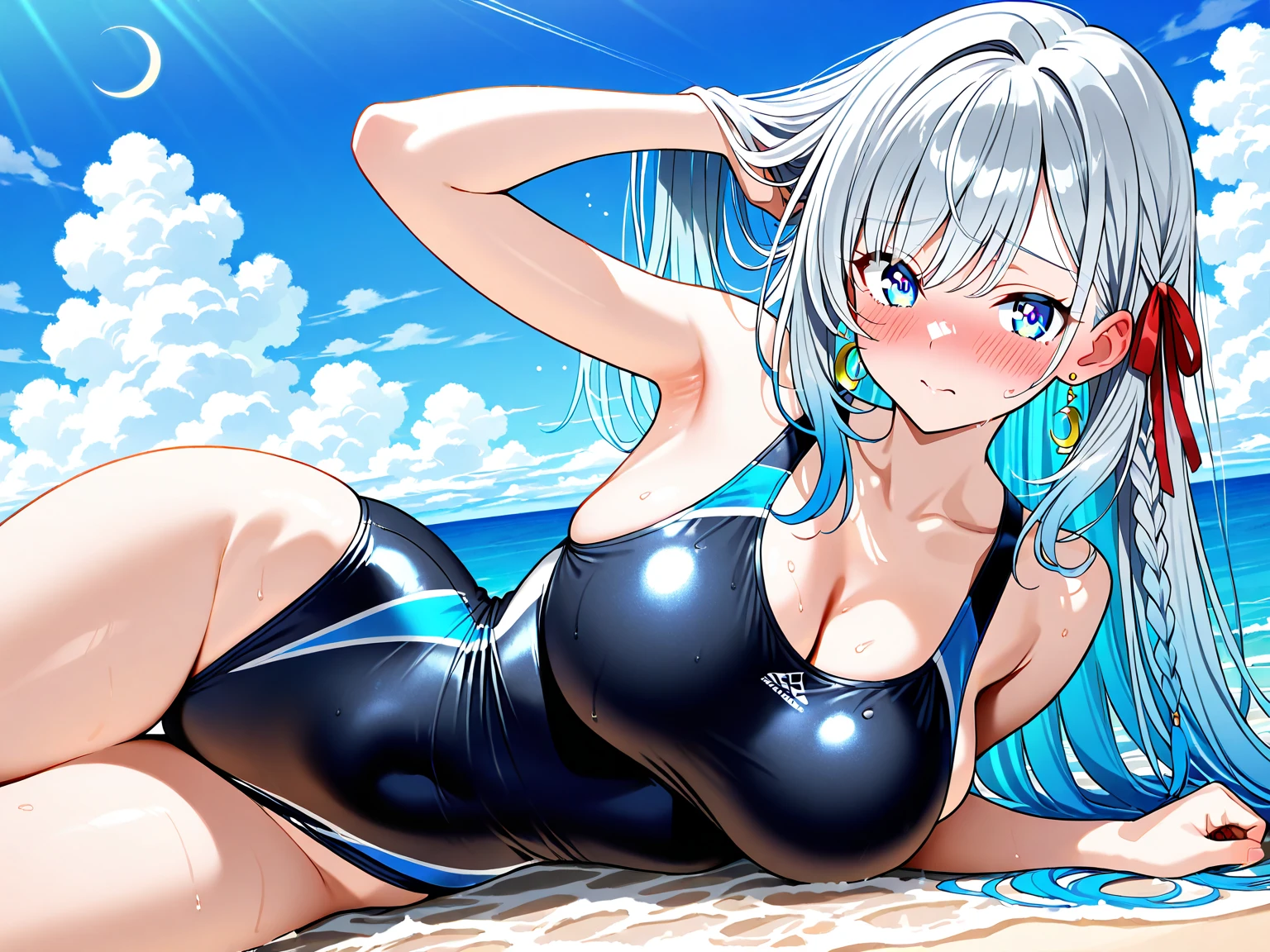 ♥full body,(looking back at the viewer),(sexy elegant blue knit long sweater,bikini),high angle,from above,cleavage,((1girl,cute,young,semi long beautiful silver hair,blunt bangs,beautiful blue eyes,medium boobs)),(beautiful beach,sand,waves,blue sky),(solo), ((realistic:1.5,Beautiful girl RAW photo)),(bathing in the sea), innocent smile,cinematic lighting and pause,