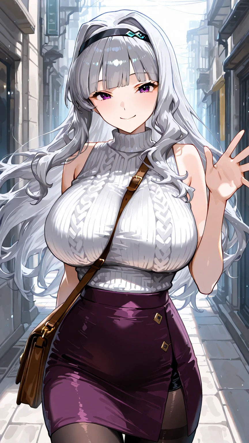 masterpiece, best quality, highres, aabelfast, long hair, beret, red headwear, hat bow, hoop earrings, choker, collarbone, cleavage, off-shoulder cable knit, sweater, brown sweater, long sleeves, red shawl, white ribbon, black skirt, black pantyhose, <lora:belfast_(azur_lane)_v1:0.7>, standing, cowboy shot, street, smile