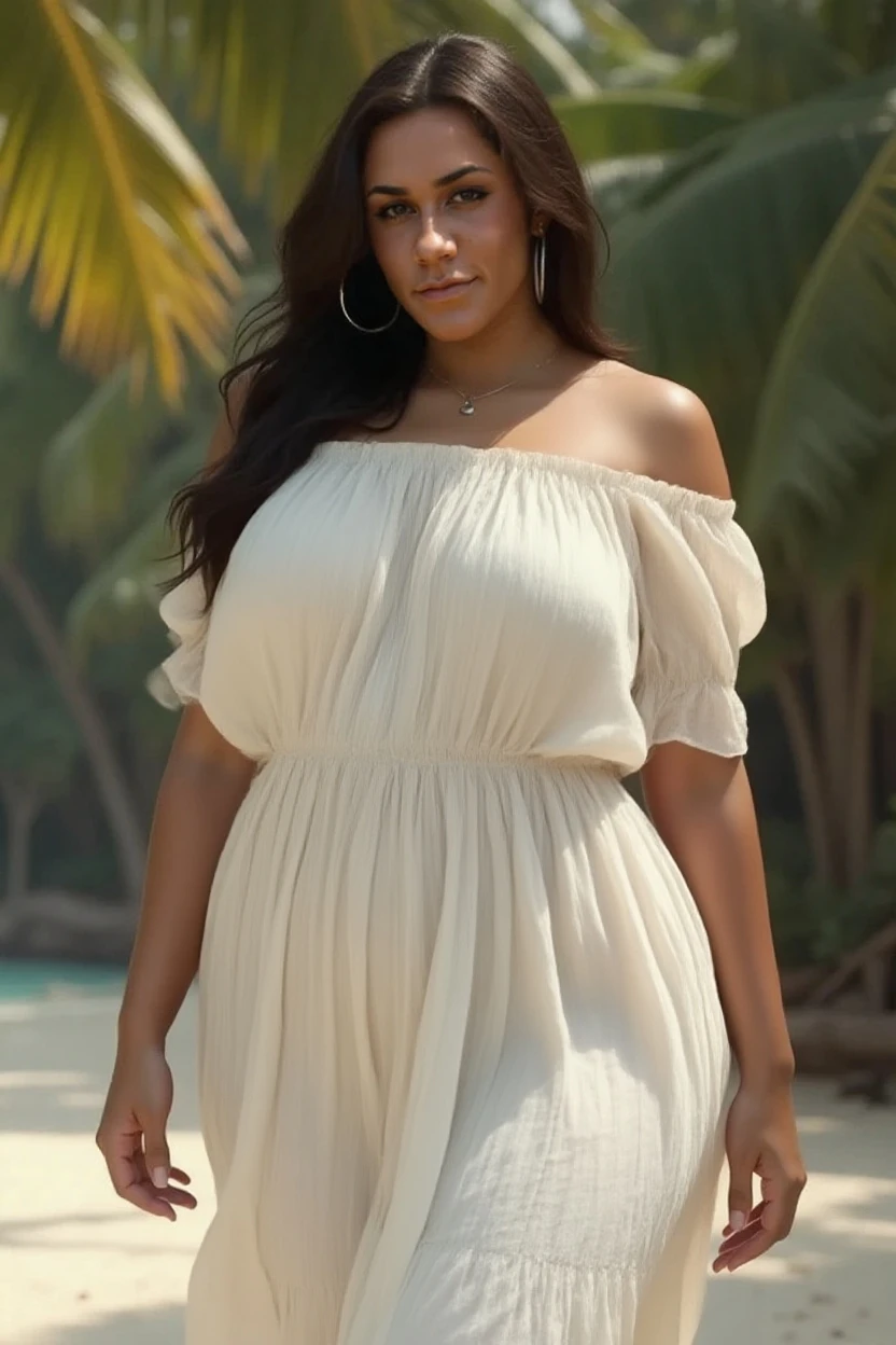 Mixed black ethnicity, curvy girl ,wearing short open white dress, long hair , in the beach