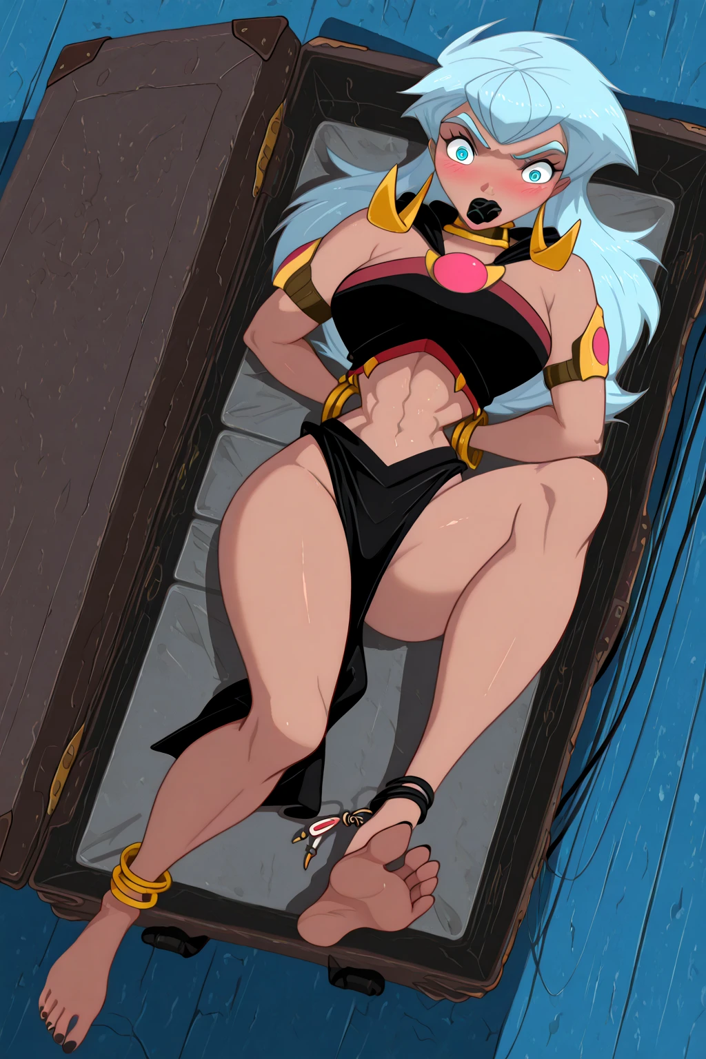 (masterpiece, best quality, ultra-detailed, adult, Cala, 1girl, jujunaught, curvey, solo) large breasts, (cowprint bikini, thighhighs, highheel boots, elbow gloves) (collar, full body, surprised, worried, panting, red hair, spiky hair, full body, looking at the viewer, female focus)