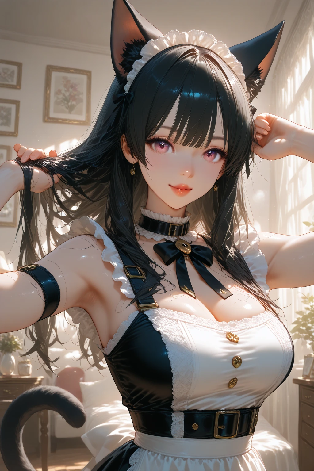 (A photo of upper body), Beautiful face, Highly detailed face and skin texture, (Detailed eyes), Brown eyes, Double eyelids, Thin eyebrows, Glitter eyeliner: 1.2, Natural cheeks, Shiny skin, Fair skin, (((with maid outfit))), (Shiny lips: 1. 4), (Seductive smile), (20 years old), (Wavy hair, Diagonal bangs), ((black and blue hair)), mid hair, ((Upper body shot)), ((Focus on chest and face)), Medium large breasts, Upturned breasts.