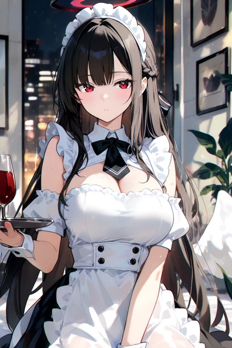 (masterpiece、Highest quality、Very detailed))、One girl、Black Hair、twintails、blunt bangs、Grey Eyes、evil smile、((Grin))、((lots of piercing))、Large Breasts、((Sweat))、((black bikini))、waist apron、Cowboy Shot、((breasts_on_tray))、((Holding a silver tray in both hands))、BAR Background