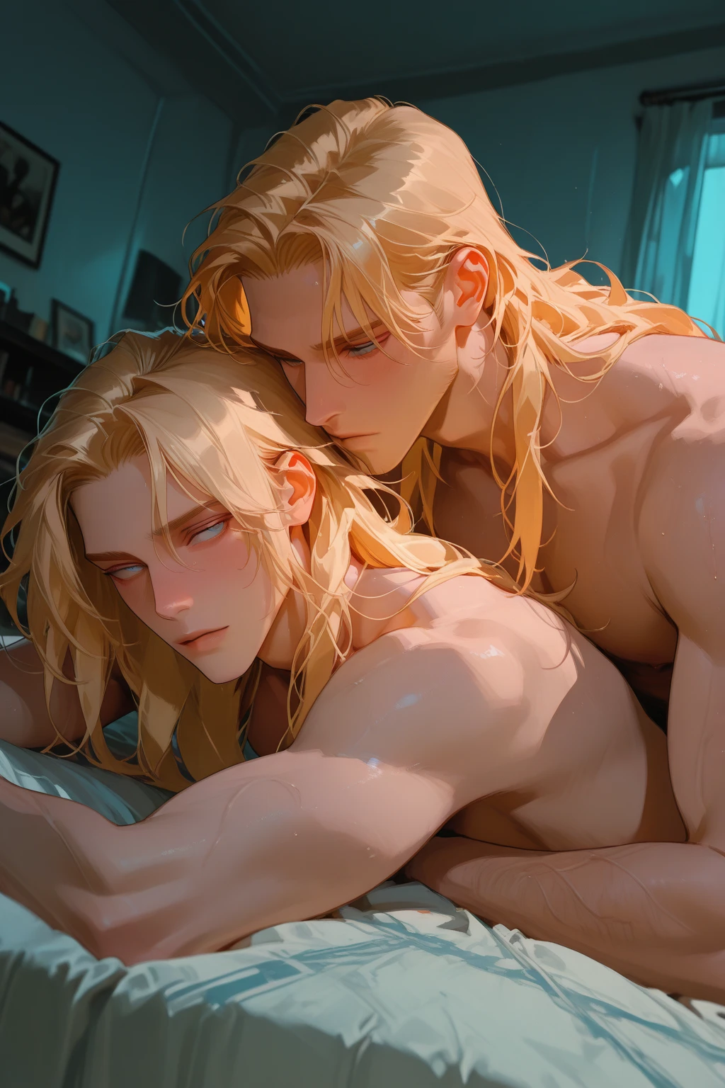 Two boys having sex, yaoi, masterpiece, best quality,blonde hair, slim body, high quality, 2boy, duo, male focus, naked, shirtless, naked, big penis, penis, on bed, hands raised, side view, full body.
