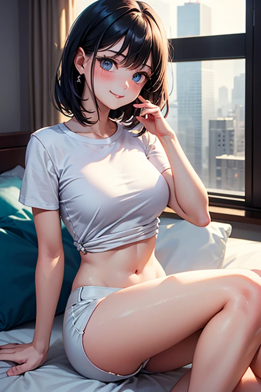 (masterpiece:1.2), (best quality:1.2), night, (looking at viewer), brightskin, exteriors, By bangs,short detailed hair,White top,shorter pants